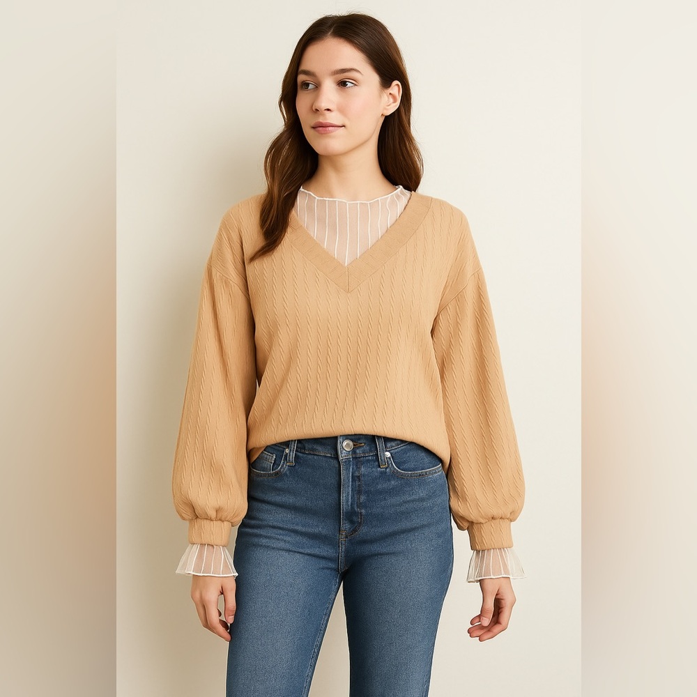Elegant Tan V-Neck Women's Top